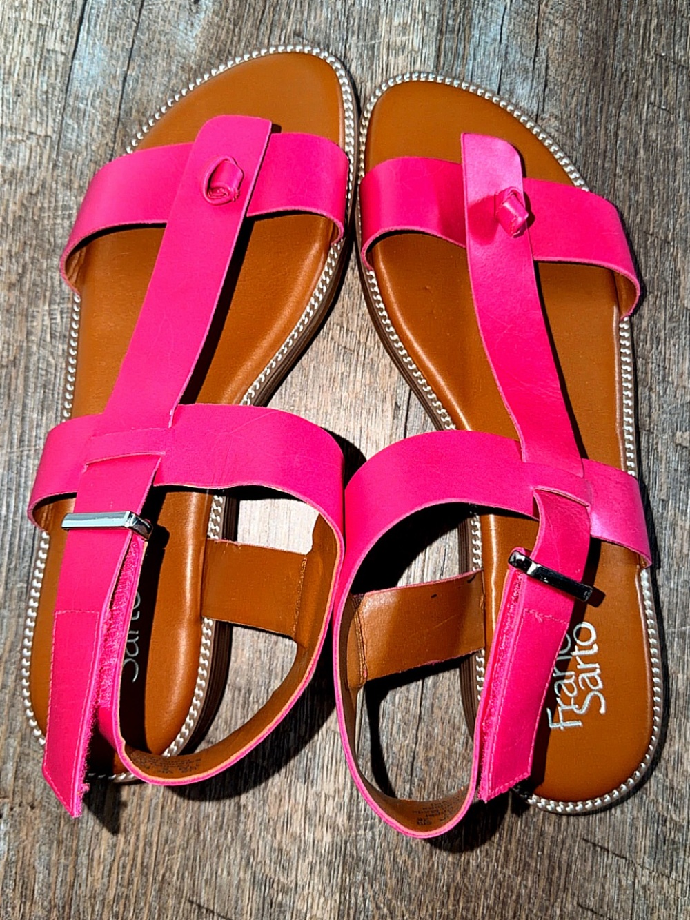 Franco Sarto Women's Neon Pink T-Strap Leather Sandals